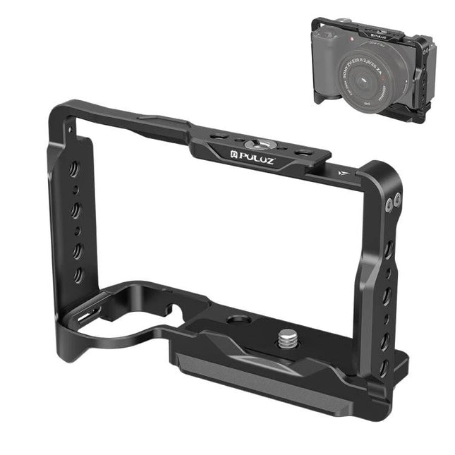 PULUZ Metal Camera Cage for Sony ZV-E10 II Stabilization showing sturdy black aluminum frame with top handle and mounting holes