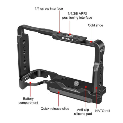 PULUZ Metal Camera Cage for Sony ZV-E10 II Stabilization showing cold shoe, NATO rail, quick-release slide and battery compartment