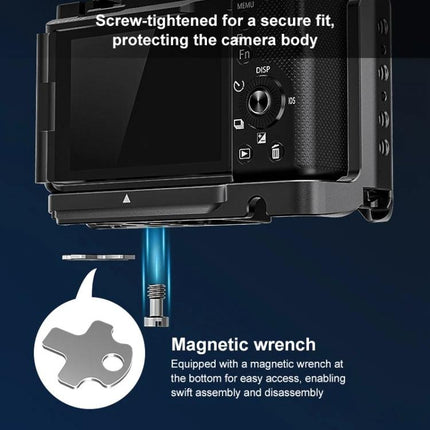PULUZ Metal Camera Cage for Sony ZV-E10 II Stabilization showing magnetic wrench and screw-tightened secure fit for easy assembly