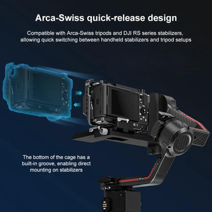 PULUZ Metal Camera Cage for Sony ZV-E10 II Stabilization mounted on gimbal showing Arca-Swiss quick-release design and built-in groove for stabilizers