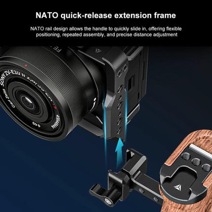 PULUZ Metal Camera Cage for Sony ZV-E10 II Stabilization showing NATO quick-release extension frame and handle mounting