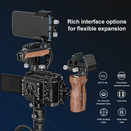 PULUZ Metal Camera Cage for Sony ZV-E10 II Stabilization mounted with wooden handle, phone holder and multiple expansion ports for vlogging