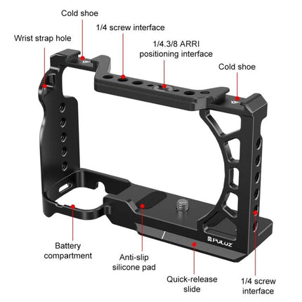 PULUZ Metal Camera Cage for Sony Mirrorless Cameras Expansion Rig showing labeled ports, cold shoes, 1/4 screw interfaces and anti-slip pad