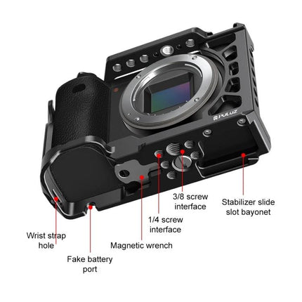 PULUZ Metal Camera Cage for Sony Mirrorless Cameras Expansion Rig showing labeled ports and mounting points