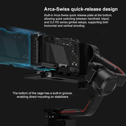 PULUZ Metal Camera Cage for Sony Mirrorless Cameras Expansion Rig mounted on gimbal showing Arca‑Swiss quick‑release and built‑in groove for stabilizers