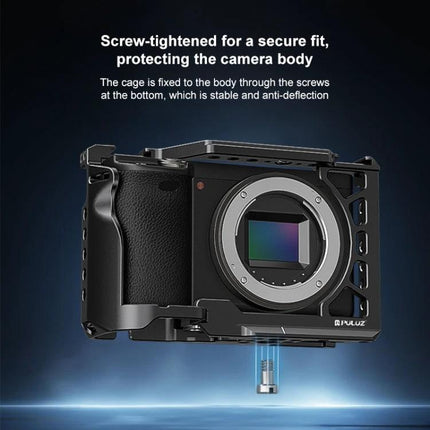PULUZ Metal Camera Cage for Sony Mirrorless Cameras Expansion Rig screw-tightened cage protecting camera body with baseplate and accessory mounting