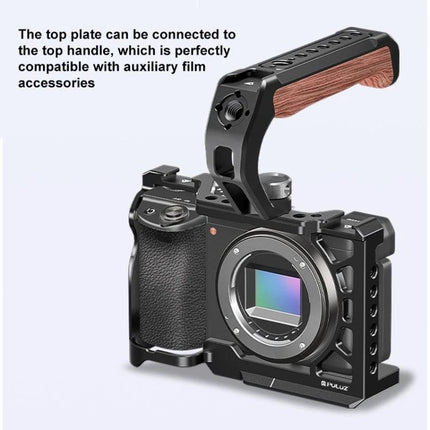 PULUZ Metal Camera Cage for Sony Mirrorless Cameras Expansion Rig mounted on Sony mirrorless camera with top handle and accessory mounts