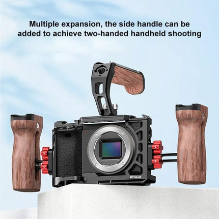 PULUZ Metal Camera Cage for Sony Mirrorless Cameras Expansion Rig with wooden side handles and top handle for two-handed shooting