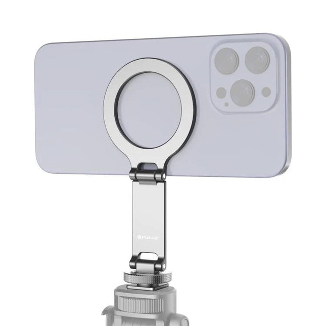 Portable Foldable MagSafe Phone Mount with Cold Shoe for Cameras attached to phone on tripod showing foldable hinge and magnetic ring