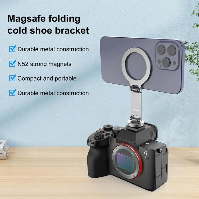 Portable Foldable MagSafe Phone Mount with Cold Shoe for Cameras attached to mirrorless camera showing folding metal bracket and N52 magnets