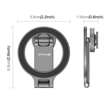 Portable Foldable MagSafe Phone Mount with Cold Shoe for Cameras showing top and side dimensions and foldable ring design