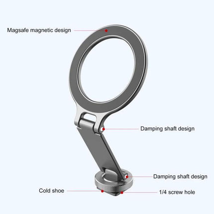 Portable Foldable MagSafe Phone Mount with Cold Shoe for Cameras showing magnetic ring, damping shaft, cold shoe and 1/4 screw hole