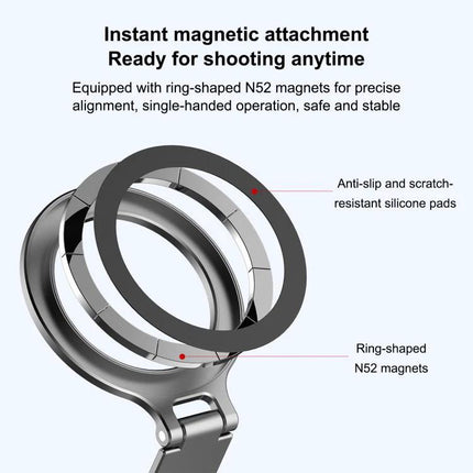 Portable Foldable MagSafe Phone Mount with Cold Shoe for Cameras showing ring-shaped N52 magnets and anti-slip silicone pads