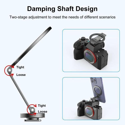 Portable Foldable MagSafe Phone Mount with Cold Shoe for Cameras shown attached to camera with damping shaft and two-stage adjustable joints