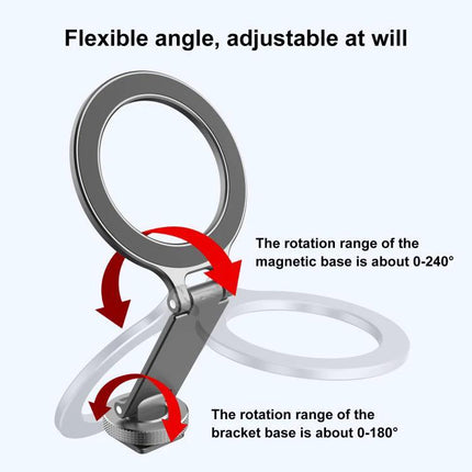 Portable Foldable MagSafe Phone Mount with Cold Shoe for Cameras showing adjustable 0-240° magnetic base and 0-180° bracket rotation