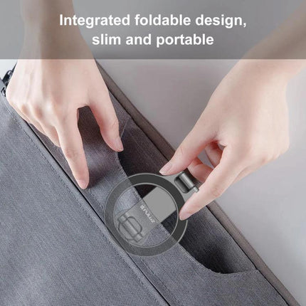 Portable Foldable MagSafe Phone Mount with Cold Shoe for Cameras shown folded and slim being placed into a bag pocket