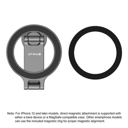 Portable Foldable MagSafe Phone Mount with Cold Shoe for Cameras shown attached to phone ring and magnetic alignment ring