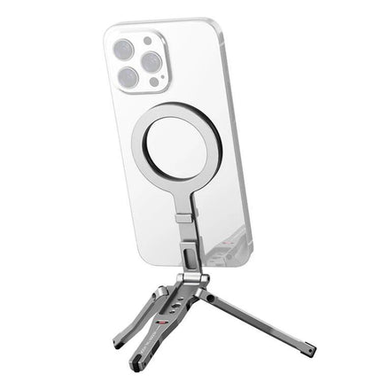 Versatile Foldable MagSafe Magnetic Phone Mount for Desk and Tripod showing phone attached to adjustable tripod for hands-free video calls