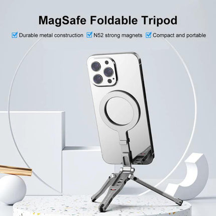 Versatile Foldable MagSafe Magnetic Phone Mount for Desk and Tripod shown holding a phone on an adjustable mini tripod for video calls and content creation