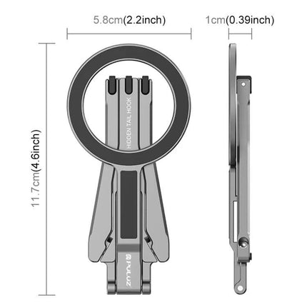 Versatile Foldable MagSafe Magnetic Phone Mount for Desk and Tripod compact folded view with dimensions 11.7cm x 5.8cm, side profile 1cm