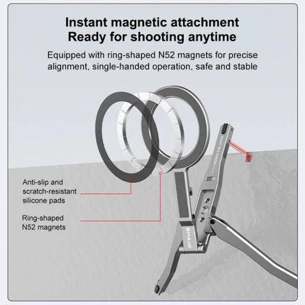 Versatile Foldable MagSafe Magnetic Phone Mount for Desk and Tripod showing ring-shaped N52 magnets, anti-slip pads and tripod/desk setup
