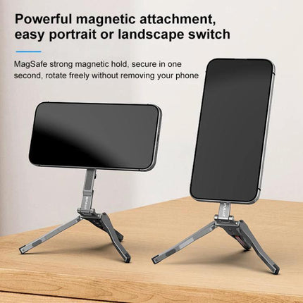 Versatile Foldable MagSafe Magnetic Phone Mount for Desk and Tripod showing two phones on adjustable tripod-style desk stands in portrait and landscape