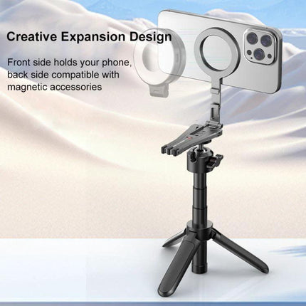 Versatile Foldable MagSafe Magnetic Phone Mount for Desk and Tripod showing phone on adjustable tripod for hands-free video calls and content creation