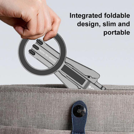 Versatile Foldable MagSafe Magnetic Phone Mount for Desk and Tripod showing slim integrated foldable design being placed into a bag