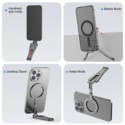 Versatile Foldable MagSafe Magnetic Phone Mount for Desk and Tripod showing handheld, mantis, desktop stand, and kettle modes