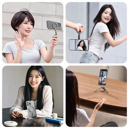 Versatile Foldable MagSafe Magnetic Phone Mount for Desk and Tripod showing women using mount for selfies, video calls and tripod setup