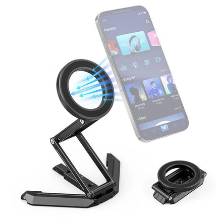 MagSafe Desktop Magnetic Foldable Phone Holder for Live Streaming showing magnetic mount holding iPhone at adjustable angles for streaming and recording