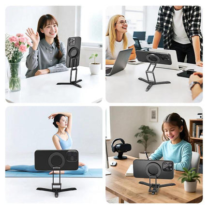 MagSafe Desktop Magnetic Foldable Phone Holder for Live Streaming showing adjustable magnetic stand used for video calls, streaming, workouts, and desk use