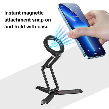 MagSafe Desktop Magnetic Foldable Phone Holder for Live Streaming - adjustable magnetic desktop stand holding iPhone for live streaming and video calls