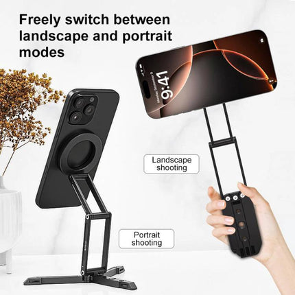 MagSafe Desktop Magnetic Foldable Phone Holder for Live Streaming showing adjustable landscape and portrait mounting with secure magnetic iPhone attachment