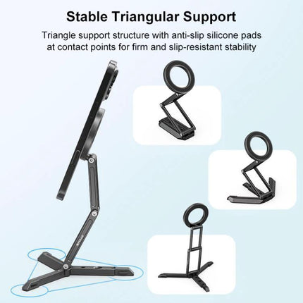 MagSafe Desktop Magnetic Foldable Phone Holder for Live Streaming showing stable triangular support with adjustable angles and anti-slip silicone pads