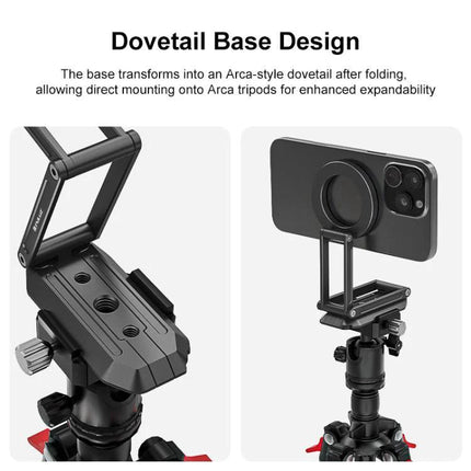 MagSafe Desktop Magnetic Foldable Phone Holder for Live Streaming showing dovetail base design mounted on tripod with iPhone attached