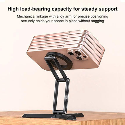MagSafe Desktop Magnetic Foldable Phone Holder for Live Streaming showing iPhone mounted on adjustable alloy-arm desktop stand with secure magnetic MagSafe mount