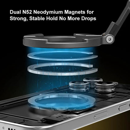 MagSafe Dual-Head Magnetic Folding Phone Holder for Hands-Free Use showing dual N52 neodymium magnets and adjustable hinge on smartphone