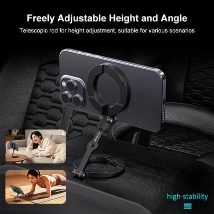 MagSafe Dual-Head Magnetic Folding Phone Holder for Hands-Free Use showing adjustable magnetic stand in car and home scenarios