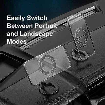 MagSafe Dual-Head Magnetic Folding Phone Holder for Hands-Free Use on car dash showing portrait and landscape angles