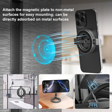 MagSafe Dual-Head Magnetic Folding Phone Holder for Hands-Free Use showing magnetic plate mounting, adjustable hinges, landscape and portrait positions