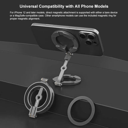 MagSafe Dual-Head Magnetic Folding Phone Holder for Hands-Free Use showing phone attached with adjustable hinges and magnetic ring for universal compatibility