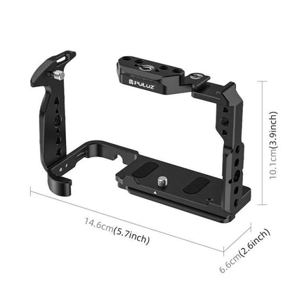 PULUZ Metal Camera Cage for Sony Cinema Cameras shown with dimensions, metal frame for stability and accessory mounting