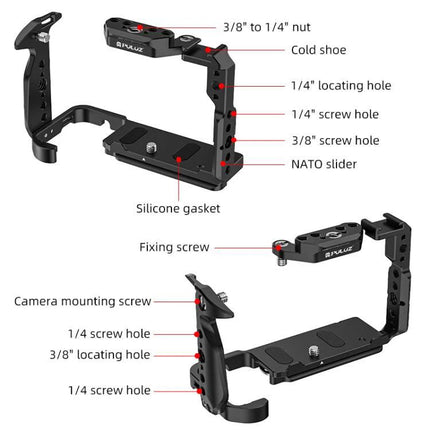 PULUZ Metal Camera Cage for Sony Cinema Cameras showing labeled screw holes, cold shoe, NATO slider and silicone gasket