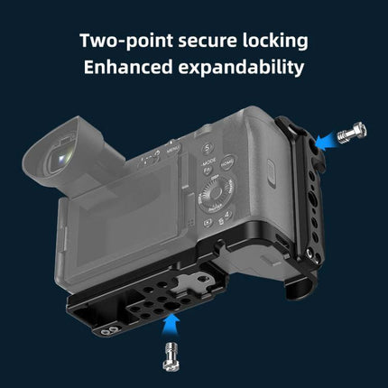 PULUZ Metal Camera Cage for Sony Cinema Cameras showing two-point secure locking, accessory mounting and enhanced expandability
