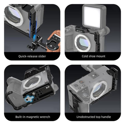 PULUZ Metal Camera Cage for Sony Cinema Cameras showing quick-release slider, cold shoe mount, magnetic wrench and unobstructed top handle