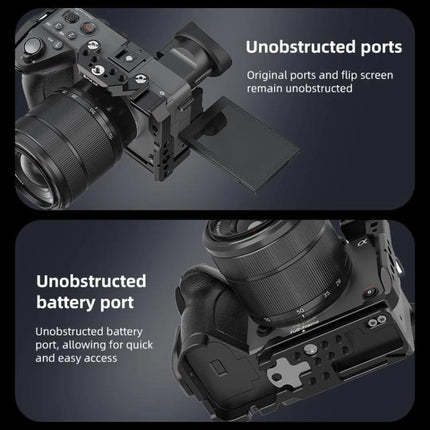 PULUZ Metal Camera Cage for Sony Cinema Cameras mounted showing unobstructed ports and battery access for video rigs