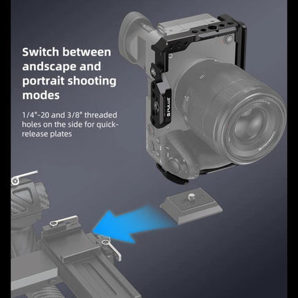 PULUZ Metal Camera Cage for Sony Cinema Cameras mounted on camera showing portrait and landscape shooting modes and quick-release plate compatibility