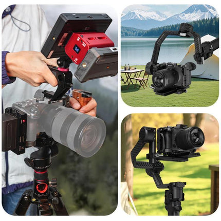PULUZ Metal Camera Cage for Sony Cinema Cameras mounted with monitor, mic and tripod for stable outdoor and studio videography