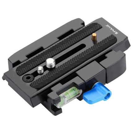 PULUZ Quick Release Clamp and Plate for Camera Photography – black quick-release plate with bubble level, screw pins and blue locking lever